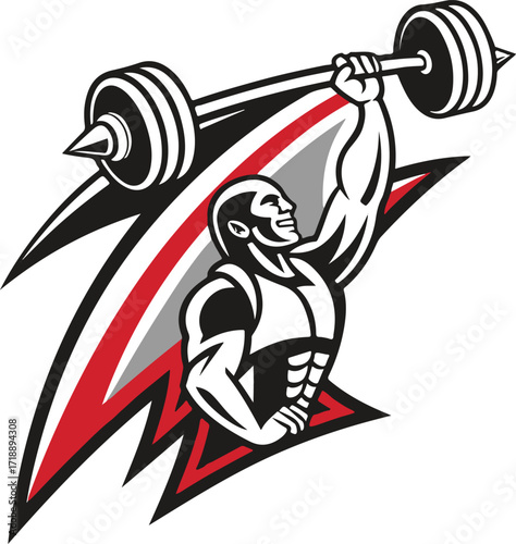 Strong Athlete Logo with Muscular Bodybuilder Lifting Barbell in Powerlifting Style