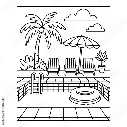 Poolside Summer Coloring Page with Lounge Chairs and Umbrella