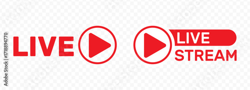 Live streaming red icon set. live broadcasting buttons and symbols. online stream icons. live stream logo. vector illustration transparent background.