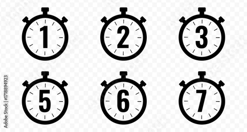 Timer stopwatch icons. Countdown clock symbol with 5, 10, 20, 30 second and minute time.