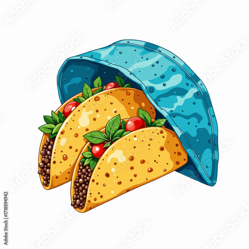 Illustration of two delicious tacos with vibrant toppings enclosed in a unique blue taco holder highlighting flavorful ingredients and colorful presentation