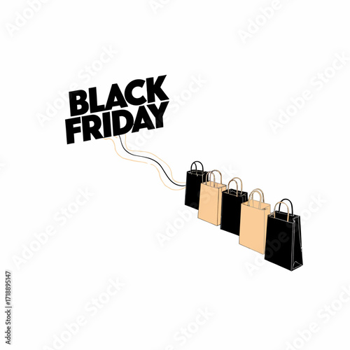 Illustration of Black Friday Shopping Spree with Four Stylish Shopping Bags Highlighting Popular Holiday Retail Event and Consumer Shopping Culture