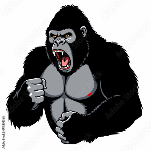 Dynamic illustration of a roaring gorilla with a powerful stance, showcasing its muscular build and intense expression, emphasizing strength and natural majesty