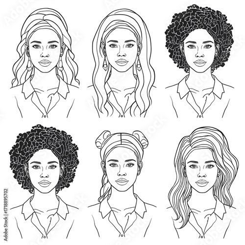 Diverse Female Portraits with Different Hairstyles – Black and White Line Art Vector Collection