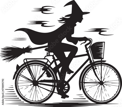 Halloween witch riding bicycle silhouette design