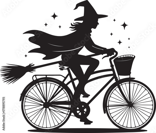 Halloween witch riding bicycle silhouette design