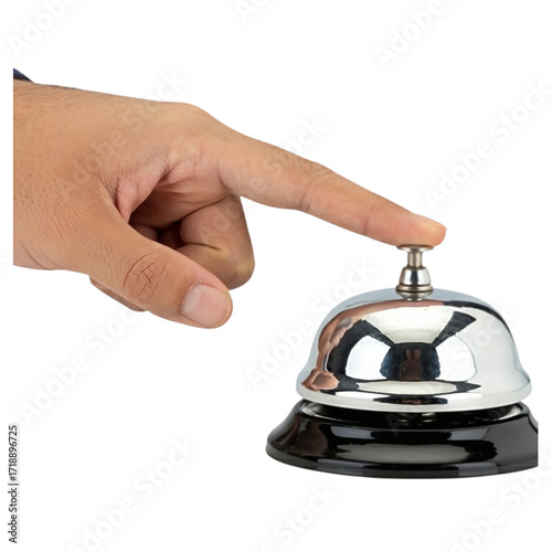 A hand pressing a silver and black service bell on transparent background