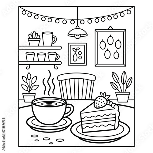 Coffee and Cake Coloring Page for Kids, Cafe Dessert Illustration Activity Sheet, Whimsical Coffee Shop Coloring Sheet
