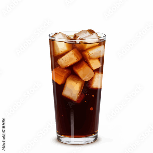 Refreshing glass of iced dark cola with clear ice cubes showing condensation highlights and reflections on a plain white background