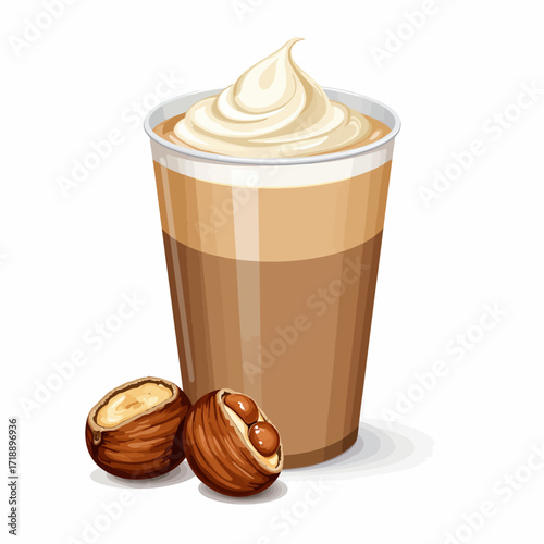 Delicious Creamy Hazelnut Flavored Coffee Beverage with Whipped Topping in a Transparent Cup Highlighting Rich Aroma and Nutty Essence