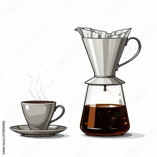 Illustration of a Pour-Over Coffee Maker with Freshly Brewed Coffee and a Steaming Cup on a Saucer Against a White Background