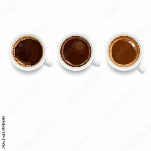 Three Cups of Coffee Showcasing Different Roasts on White Background with Overhead View for Comparing Texture, Color, and Concentration of Each Beverage