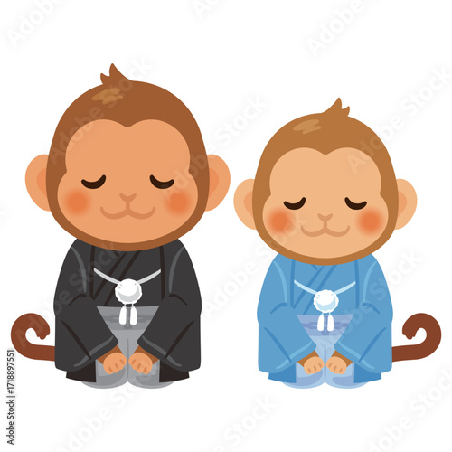 晴れ姿の申年のキャラクター　親子　お辞儀／Monkey zodiac characters wearing kimono - Parent and child bow