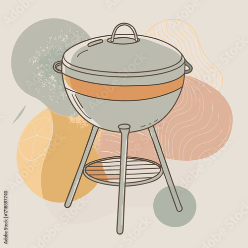 Hand-drawn barbecue grill illustration on a background with abstract modern organic shapes