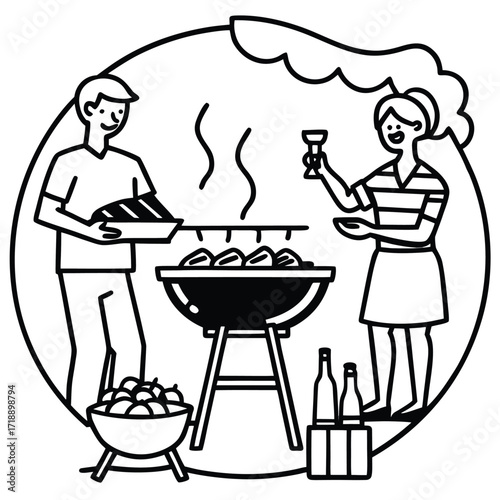 A man and woman enjoying a barbecue in a park with grilled food and drinks