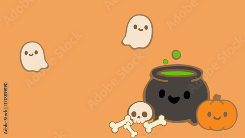 Orange background with a black cauldron filled with bubbling green potion, next to a skull and bones, a carved pumpkin, and ghosts floating in the sky.