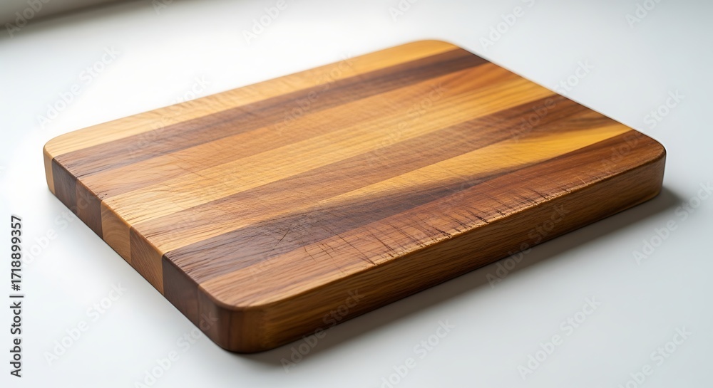 Fototapeta premium A rectangular wooden cutting board with rounded corners, made of several strips of wood with varying grain patterns and colors.