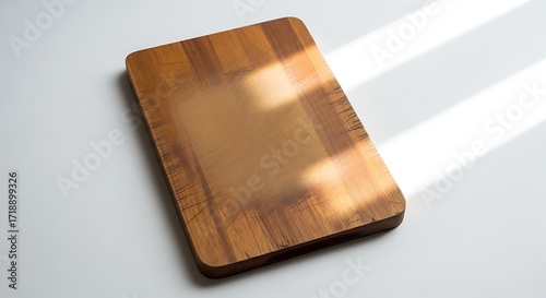 A wooden cutting board with rounded corners sits on a white surface, illuminated by diagonal sunlight casting shadows.