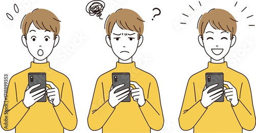 Man with phone showing surprised angry and happy facial expressions editable stock