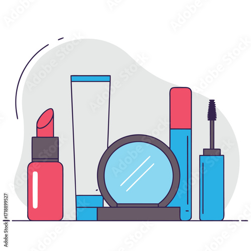 Collection of Cosmetics Lipstick, Mirror, Mascara, and Cream for Beauty Routine