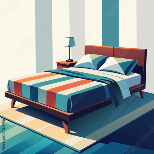 Cozy Bedroom Interior Modern Bed, Striped Walls, and Geometric Rug in Artistic Render