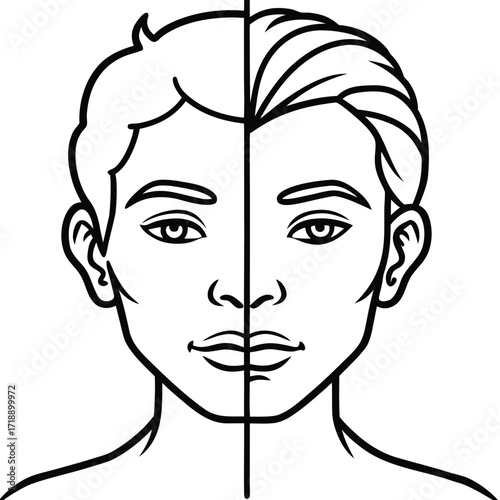 Symmetrical Face Illustration Line Art of Young Adult with Split Hair Styles