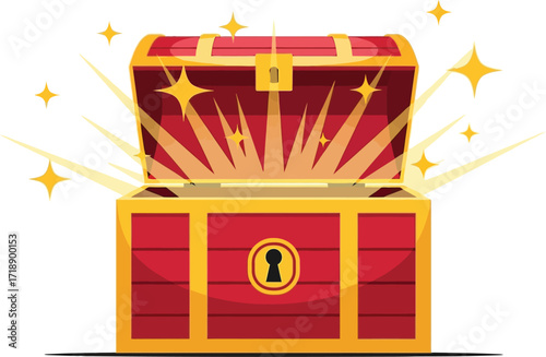 Illustration of an open red and gold treasure chest with sparkles editable stock