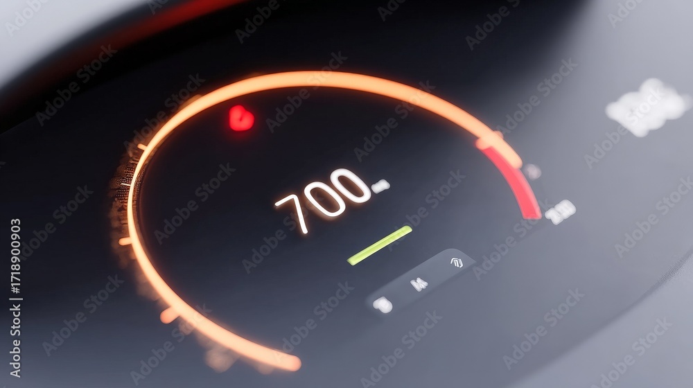 Naklejka premium carbon,neutral,concept Digital dashboard displaying a speedometer and warning light for vehicle performance.