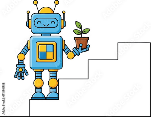 Blue robot holding a plant pot standing near stairs illustration editable stock