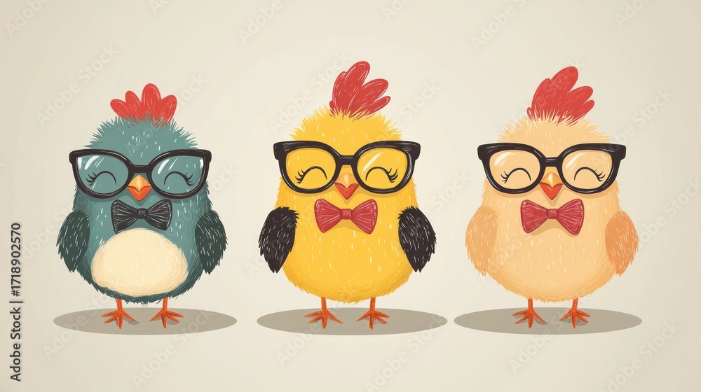 Obraz premium Three cute chicks wearing glasses and bow ties