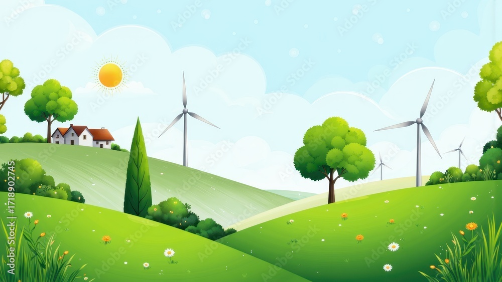 Obraz premium Green rolling hills with wind turbines and houses under a sunny sky