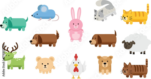 Illustration of various cartoon animals on a white background editable stock