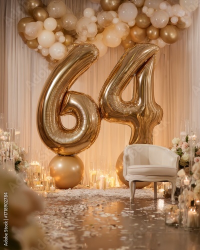 Elegant 64th Birthday Celebration with Gold Balloons and Decorations