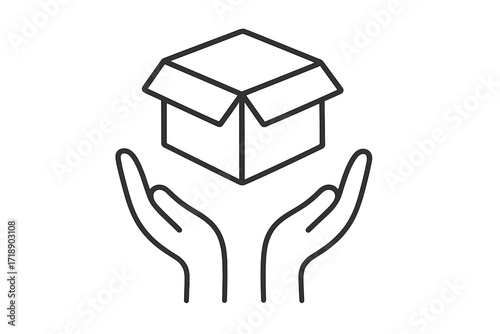 Hands holding an open box icon. Careful handling of a package symbol. Delivery, shipping and logistics concept. Receive a gift or order. Unboxing concept for web and apps.