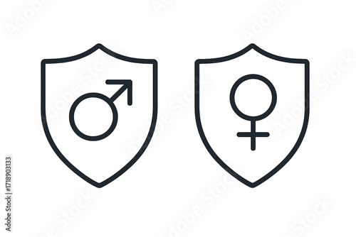 Gender equality and protection concept. Male and female signs in shields. Man and woman rights, health, and security. Vector icon set for insurance or social issues design.