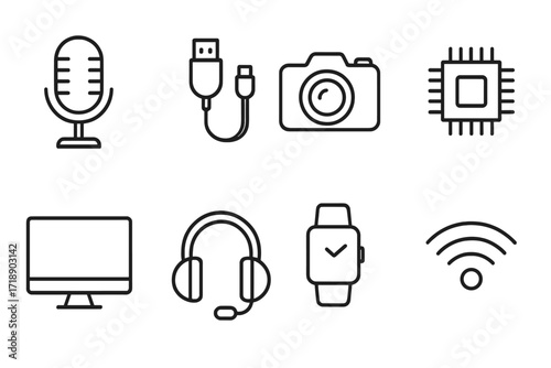 Tech line icon set. Editable stroke vector icons. Microphone, camera, computer, headset, smartwatch, wifi, usb. Gadgets and electronics for web design and mobile apps.