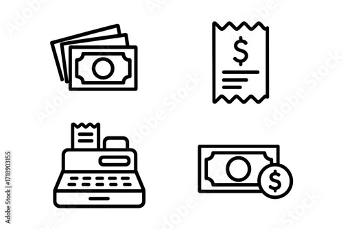 Money and finance line icon set. Payment, cash register, receipt and banknote outline icons. Simple vector symbols for commerce, shopping, banking, and business web design.