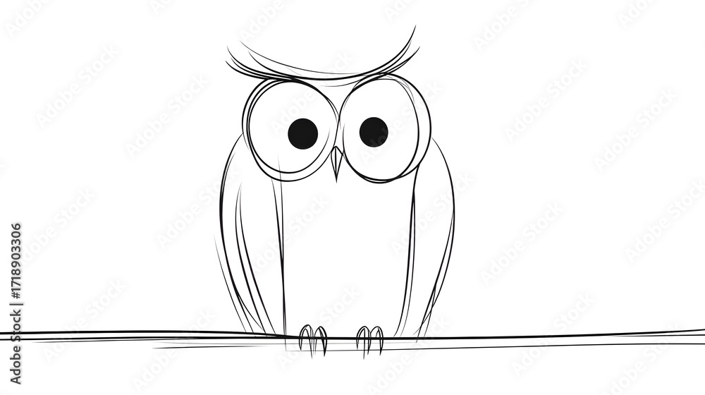 Fototapeta premium A long-bodied owl, its body oriented to the right of the image, facing forward. A series of minimalist line drawings, focusing on form and silhouette