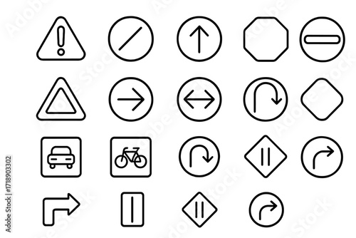 Traffic signs line icon set. Road signs collection. Navigation and direction symbols. Car, bicycle, warning, stop, turn, arrow pictogram pack for web, apps, and print. Vector.