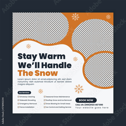 Snow removal social media post or square web banner design template with modern winter cleaning and plowing services promotional layout for seasonal advertisement and branding