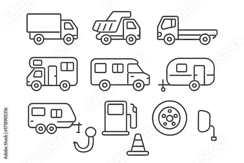 Truck, motorhome, and camping trailer vector line icon set. Transport, logistics, and RV travel symbols. Outline pictograms for web, mobile apps, and UI graphic design.
