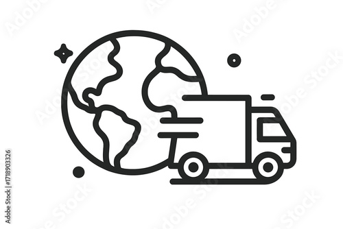 Worldwide shipping icon. Global delivery service and international logistics concept. Fast delivery truck on planet Earth background. E-commerce transport and freight symbol.