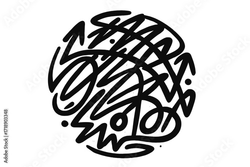 Abstract round graffiti scribble vector, moody hand-drawn texture, 90s street art style, retro black and white design, old school urban art for t-shirt, textile, wrapping paper