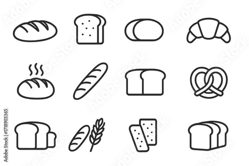 Bread and bakery line icon set. Vector symbols for loaf, baguette, toast, croissant, pretzel. Minimal pictogram for web, apps, menu. Pastry, wheat, dough graphic elements.