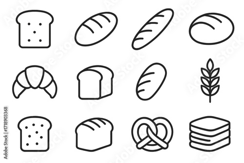 Bread line icon set. Bakery and pastry pictogram collection. Loaf, baguette, croissant, toast, pretzel, wheat symbols. Minimal vector graphic for web design, menu, app, logo.