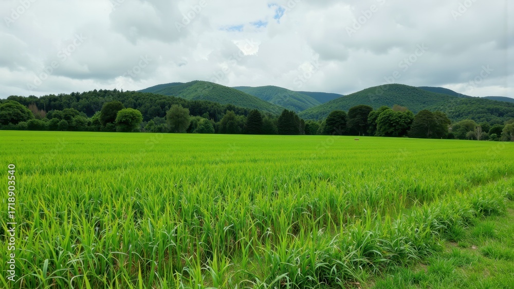 Fototapeta premium Lush green rice paddy field with rolling hills and cloudy sky