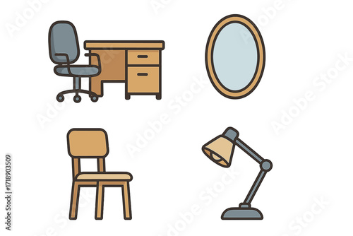 Furniture and interior objects icon set. Workplace and home elements. Includes office desk, swivel chair, table lamp, and mirror. Flat cartoon vector symbol collection.