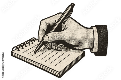 Vintage halftone hand holding pen writing on spiral notebook sheet, diary list concept, retro vector illustration for planning, business, finance, banking, presentation design
