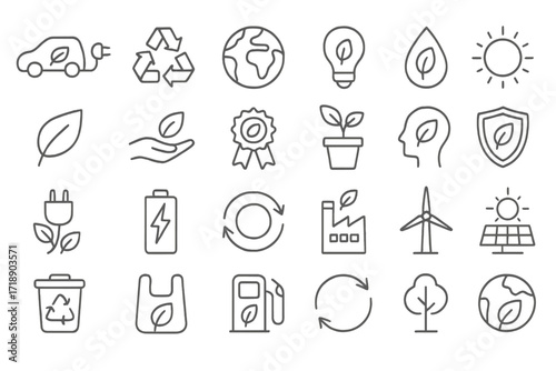 Ecology icon set. Thin line style vector icons for sustainability, green energy, recycling. Collection of electric car, solar panel, wind turbine, organic, eco-friendly symbols.