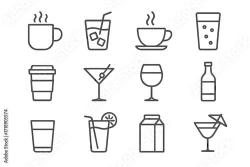 Beverage and drink line icon set. Collection of simple outline symbols. Coffee cup, tea, wine glass, cocktail, juice, soda, beer bottle. Vector pictogram for cafe menu, bar, web, apps.